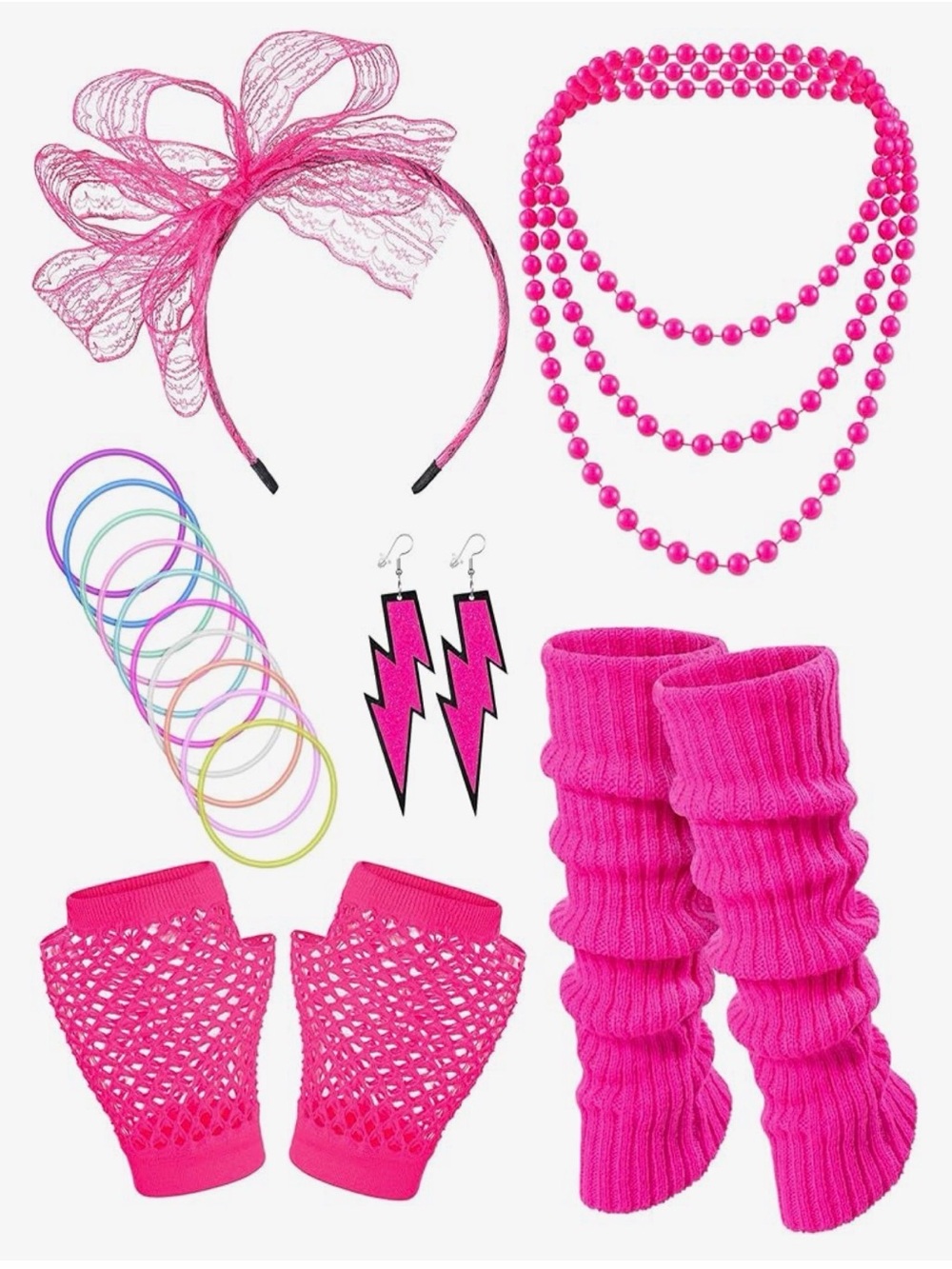 Kids 80s Style Pink Accessory Set - Headband, Beads, Leg Warmers & More